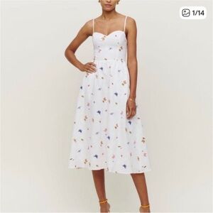 Reformation Zander Linen Midi Dress White Ladybug Embroidery Size 2